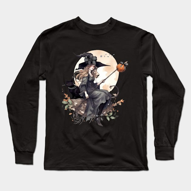 Mystical Witch and Her Black Cat with Ravens and A Harvest Moon Long Sleeve T-Shirt by mw1designsart